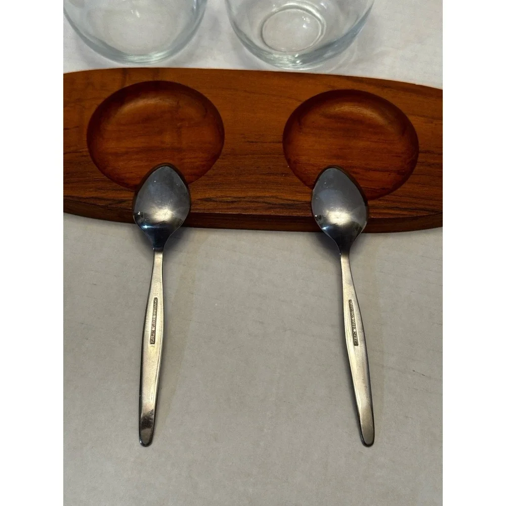 Dolphin‎ Vintage Teakwood Glass Condiment Set 2 Jars Lids Spoons Tray MCM